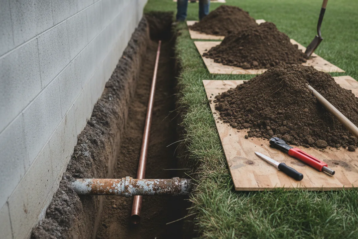 Excavated water line trench during Sewer Line Repair in Centre Hall